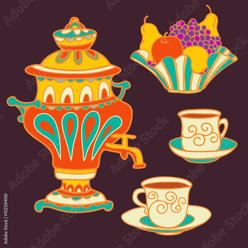 Set colorful russian samovar, bowl of fruit, cups