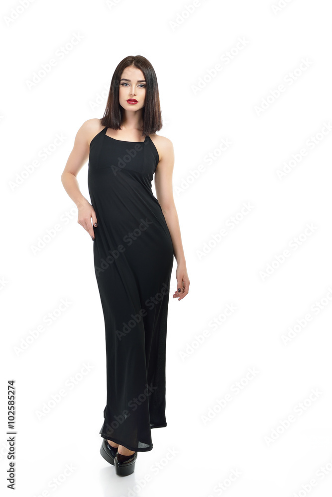 Full-length portrait of young fashion woman in black dress isola