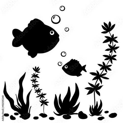 Black silhouettes fishes, plants, shells 