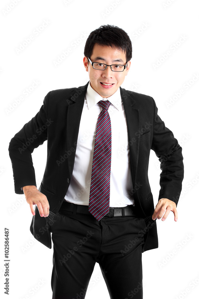 poor businessman empty pocket isolated on white poor businessman empty pocket isolated on white