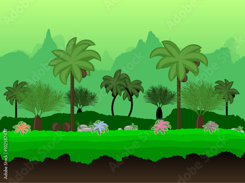 Vector Seamless cartoon nature landscape, unending tropical background with palm trees, coconuts, exotic flowers and multiple levels mountains