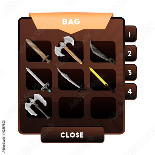 An example of the game window with the choice of weapons or other objects and resources in a backpack for computer games. 's bag of artifacts.