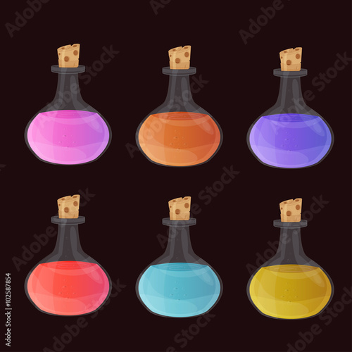 Set of colorful cartoon glass bottles with raglione therapeutic and super potions for the design of mobile games and browser-based online applications.