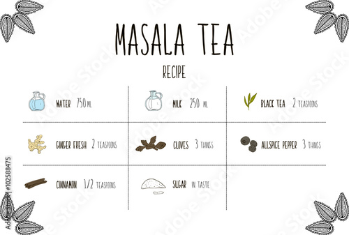 Hand-sketched collection of ingredients of Ayurvedic included in the recipe correct ancient drink masala tea with black tea. Herbs and supplements Ayurveda. Vector