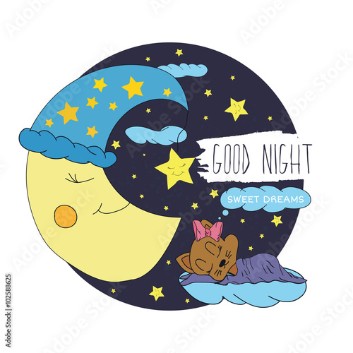 Cartoon illustration of hand drawing of a smiling moon, the stars and sleeping babies wishing good night and sweet dreams in the starry sky. Vector  postcard