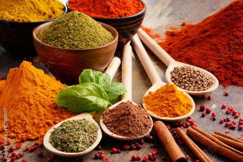 Obraz na plátne Variety of spices on kitchen table