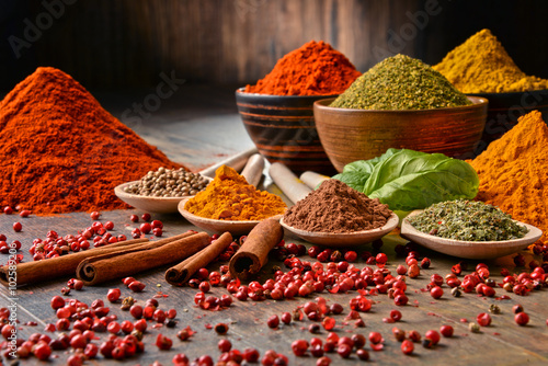 Fototapeta Naklejka Na Ścianę i Meble -  Variety of spices on kitchen table