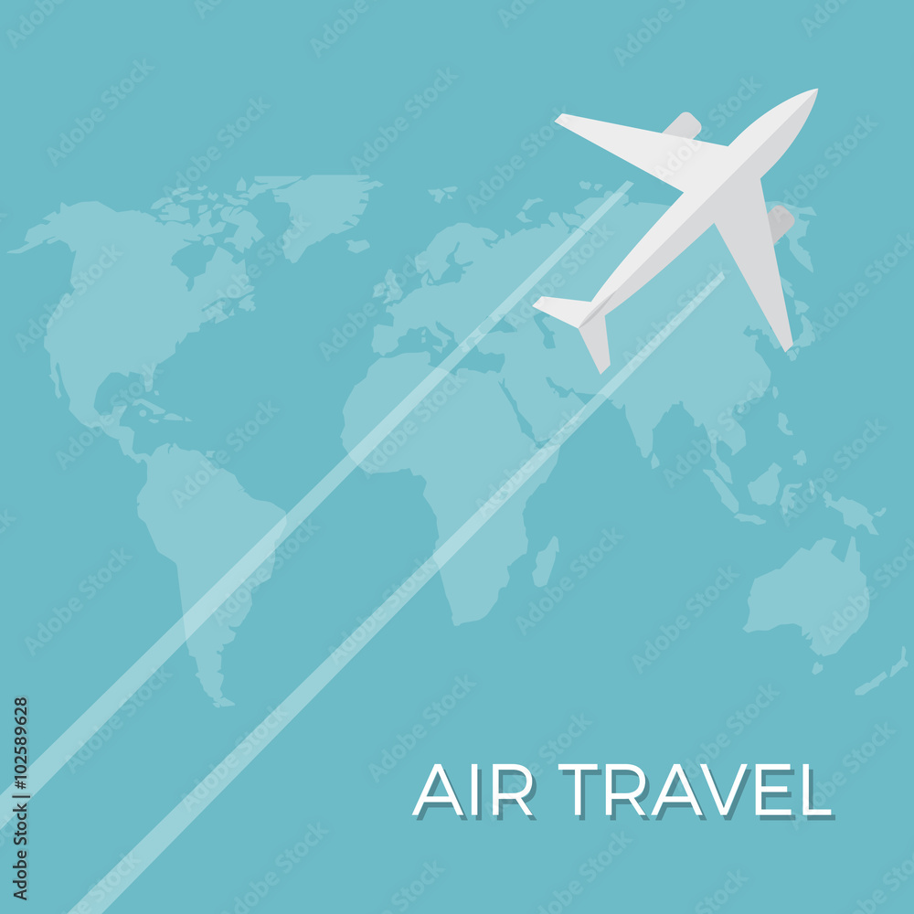 Fototapeta premium Vector air travel background. Airplane fly on the world