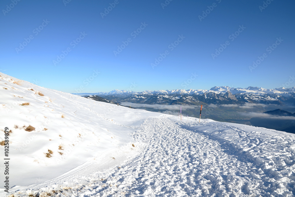 View of Swiss Alps from the Rigi Kulm in winter, Lucerne
