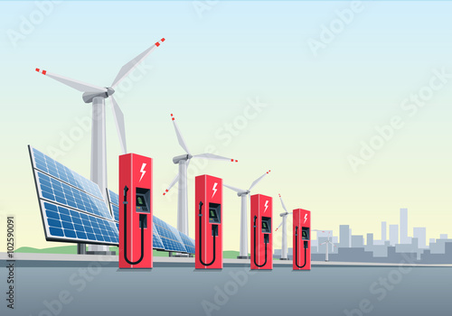 Electric Charging Station in front of the Windmills and Solar Pa