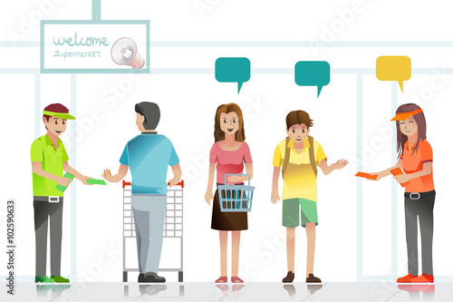 staff distribute leaflets in supermarket.People are attention to advertising leaflets.Illustration Idea for shopper .Approach to communication for Advertising.Graphic design and vector EPS 10.