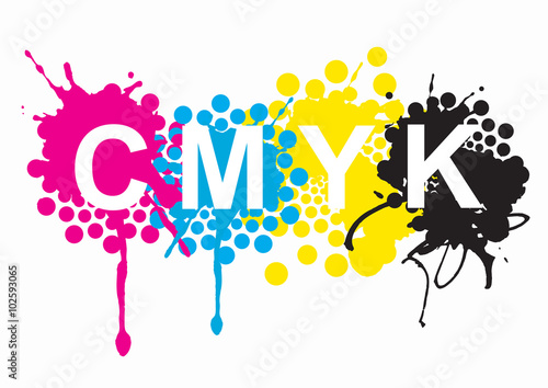 CMYK print colors.
CMYK cyan magenta yellow black inks and sign on white background. Concept for presenting color printing. Vector available. 
