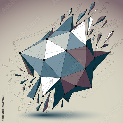 Abstract vector low poly wrecked object with black lines and dot