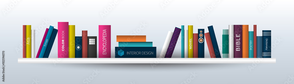 Obraz premium Book shelf. Realistic vector illustration. Bookstore indoor.