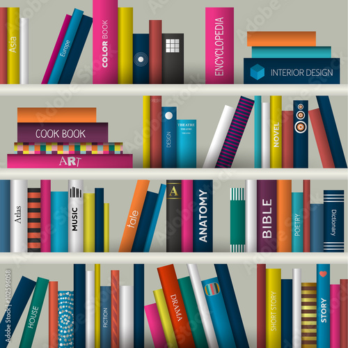 Book shelf. Realistic vector illustration. Bookstore indoor.