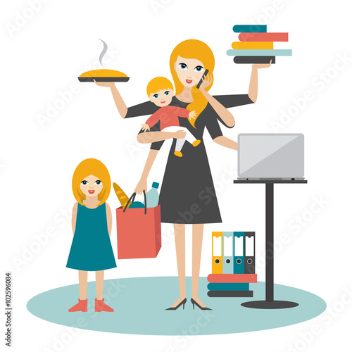 Multitask woman. Mother, businesswoman with baby, older child, working, coocking and calling. Flat vector.