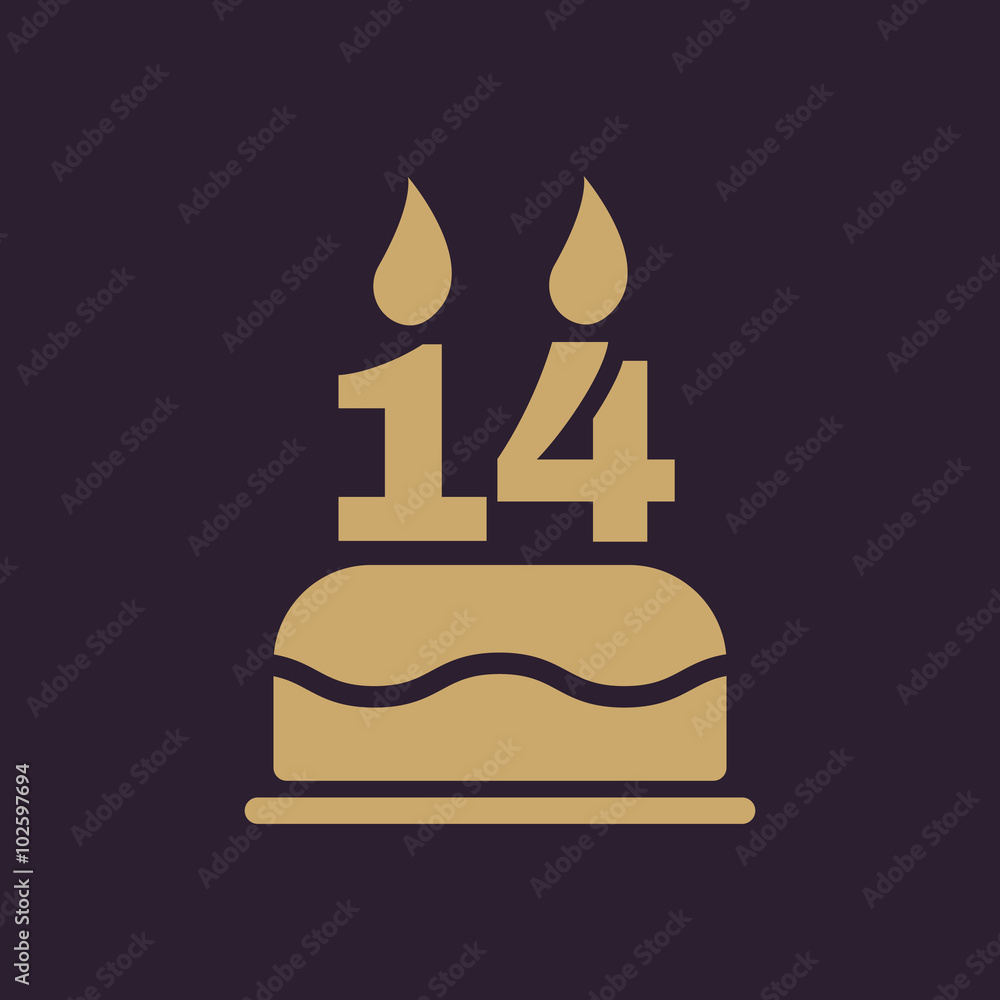 The birthday cake with candles in the form of number 14 icon. Birthday symbol. Flat The birthday cake with candles in the form of number 14 icon. Birthday symbol. Flat