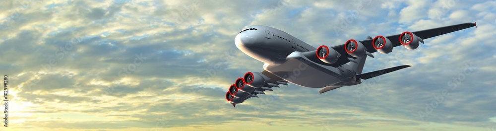 Obraz premium Modern Passenger Airplane in the sky at sunset - panorama