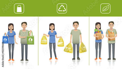 Shopper used bag in the series.Include cloth bag ,plastic Bag and paper bag. people in Eco concept. Alternative 3 choice for use bag.