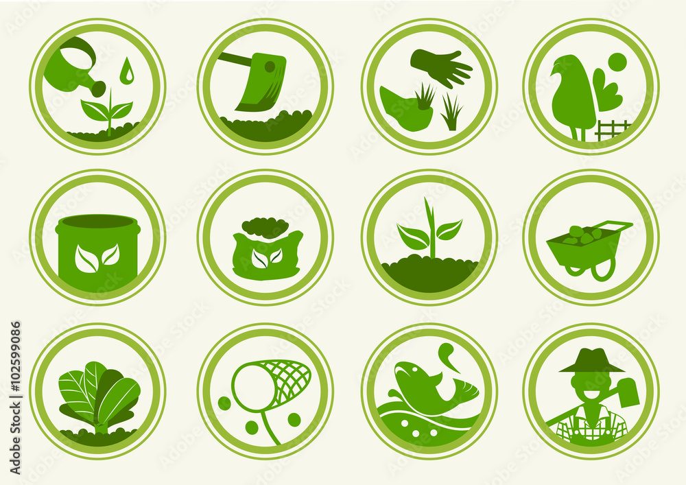 Vettoriale Stock 12 Basic icon organic.Stickers organic collection.Features  of good organic farm.The symbol of organic farming.Approach to  communication for organic product.Graphic design and vector EPS 10. | Adobe  Stock