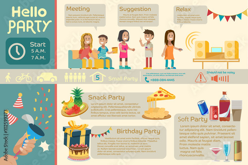 Infographic of party.Introduction about party.How to set party. Party in Style.Illustration for idea of party.Approach to communication for party.Graphic design and vector EPS 10.