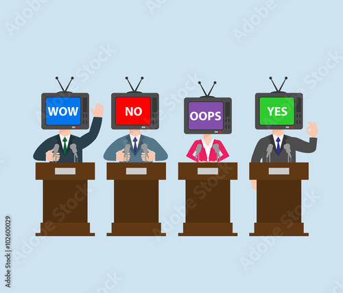 politician with tv head at the podium. press conference concept illustration.
