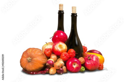 Fototapeta Naklejka Na Ścianę i Meble -  Group of various fruits and vegetables with bottles