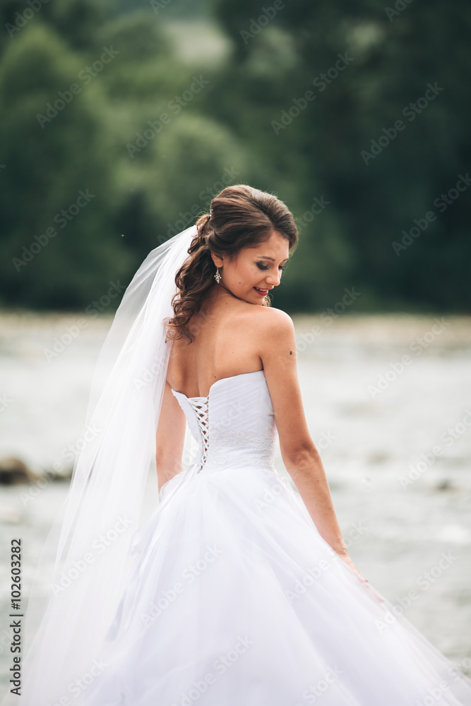 Beautiful luxury young bride in long white wedding dress and veil standing near river with mountains on background