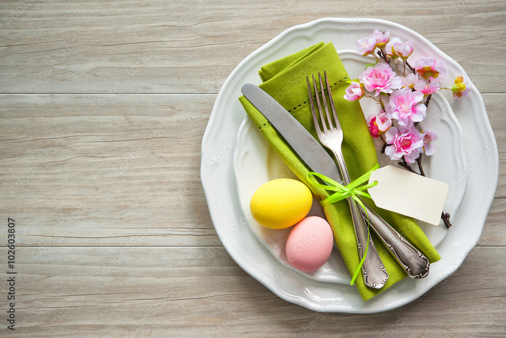 Fototapeta premium Easter table setting with spring flowers and cutlery