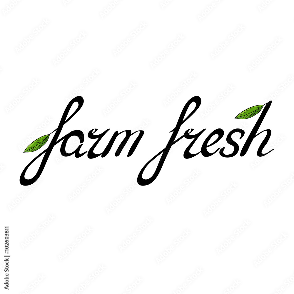 Handwritten phrase farm fresh with a green leaf Handwritten phrase farm fresh with a green leaf