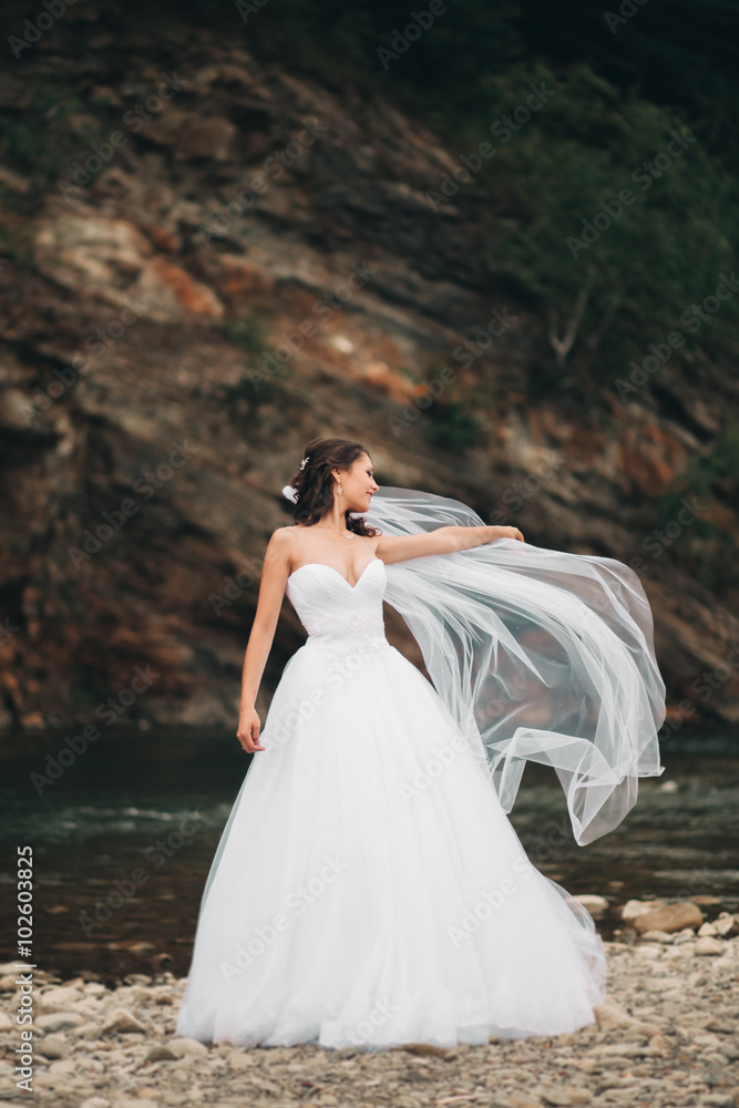 Beautiful luxury young bride in long white wedding dress and veil standing near river with mountains on background