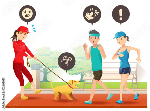 People can't control her dog.Obstacle of runners in a public place.The problem in public space.Dogs need to be cure.Beginner  training the dog.Illustration for advertise public place.Vector EPS 10.