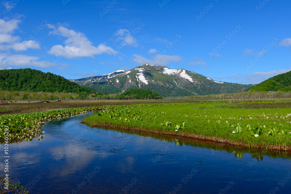 Ozegahara and Mt. Shibutsu in early summer in Gunma, Japan Ozegahara and Mt. Shibutsu in early summer in Gunma, Japan