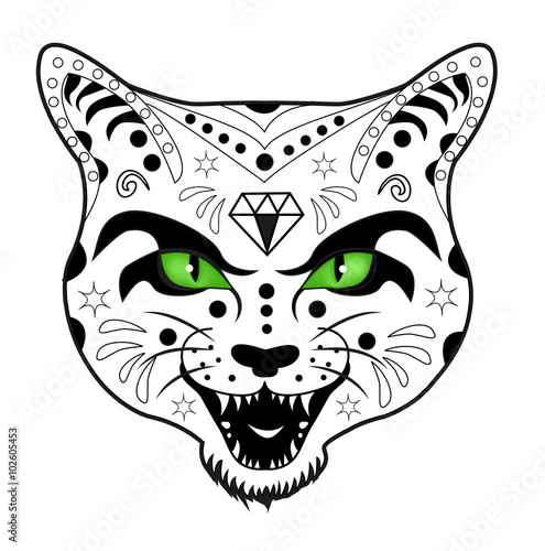 Decorated cat's head vector on white, testa di gatto decorata vettoriale isolata su sfondo bianco