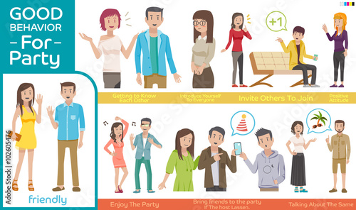 How to join at a Party.Practice guidelines for the party.Good behavior Character people for a great party.Illustration for idea and approach to communication for party.Info-graphic of a party. EPS 10.