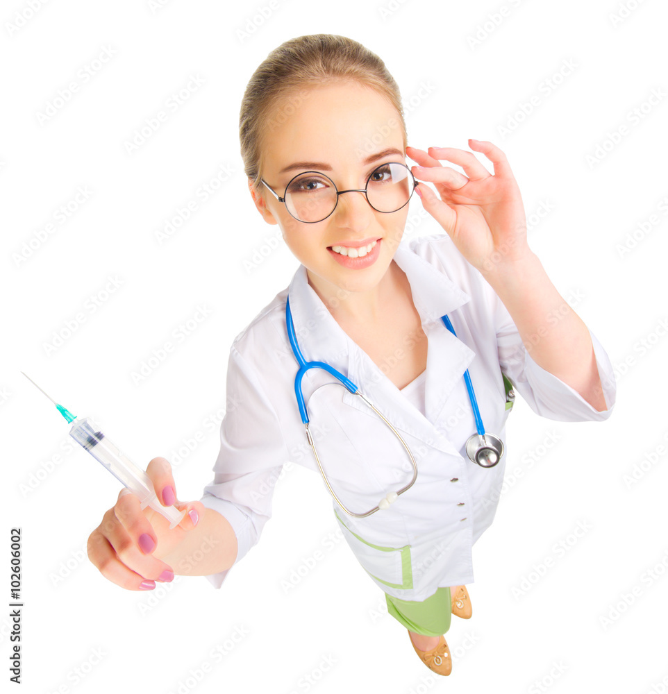 Young funny doctor with syringe isolated Young funny doctor with syringe isolated