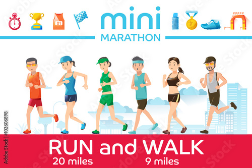 Marathon concept.Basic icons of running race.The race was run in city.Character of runner.outdoor sports concept design.Illustration for advertise running sport.Graphic design and vector EPS 10.