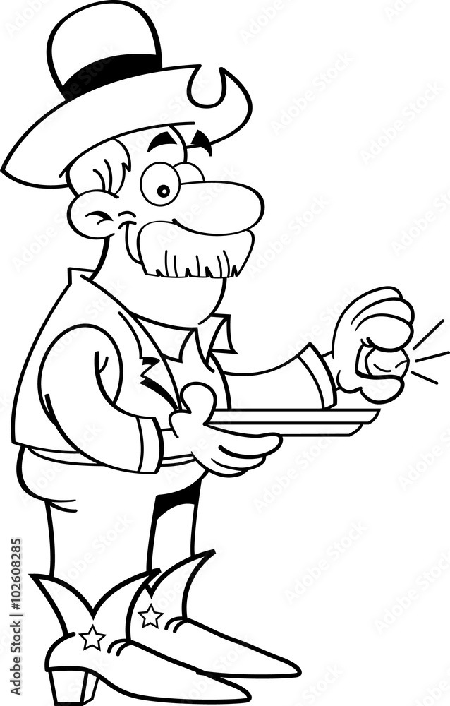 Black and white illustration of a prospector holding a gold nugget. Black and white illustration of a prospector holding a gold nugget.