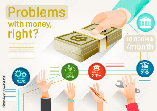 Info-graphic of people borrow cash loans.Demand for money.Creating business from a loan.Banks prefer lending.Income distribution.The economy is bad.Struggling to find revenue.Graphic and EPS 10.