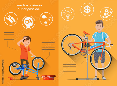 The build their own business from childhood.Passion from childhood.People who are passionate bike to build bicycle shop.Evolution of passion.Bike Repair.Childhood learning.Graphic design and EPS 10.