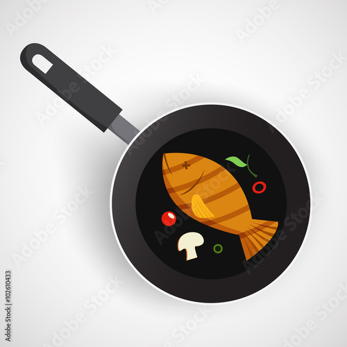 Fish on pan. Vector illustration. 