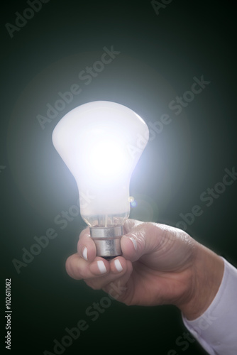 Woman's hand holding an illuminated household lightbulb