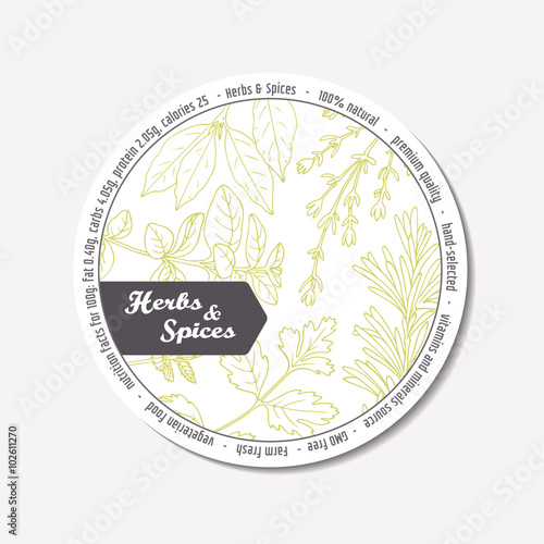 Sticker for package design with hand drawn spicy herbs. Label template
