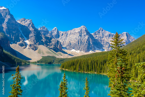 Majestic mountain lake in Canada. Moraine Lake in Alberta, Canada. © karamysh