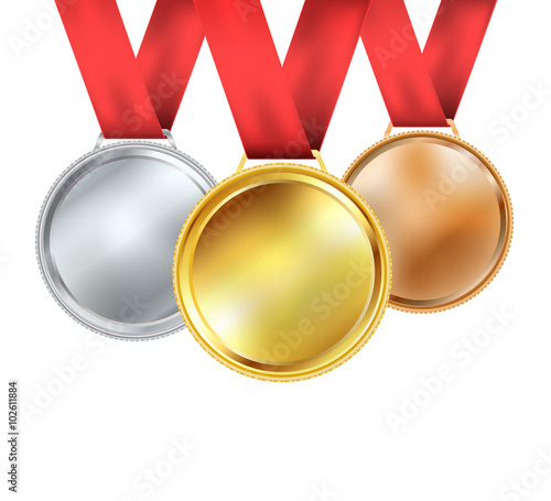 set of medals with red ribbon on white. vector