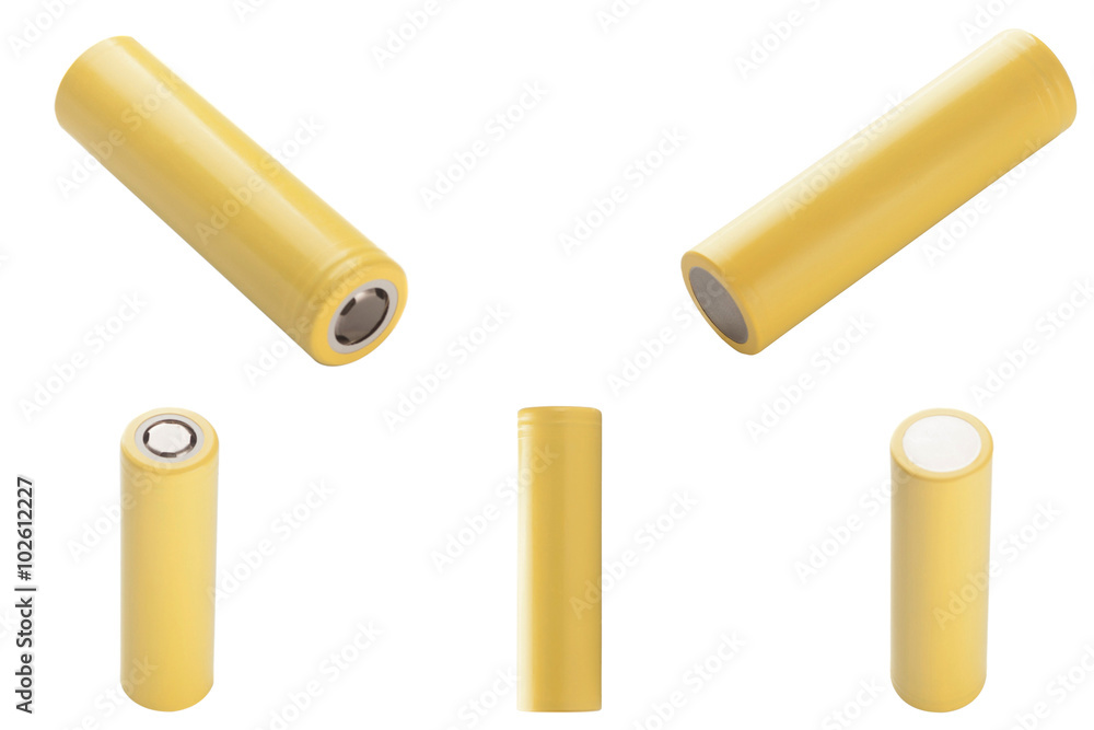 Set of yellow 18650 battery isolated on white background Set of yellow 18650 battery isolated on white background