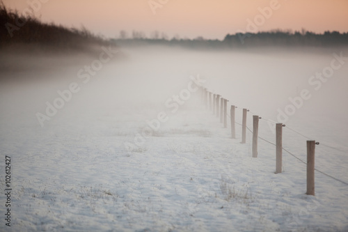 Fototapeta Naklejka Na Ścianę i Meble -  a winter scenery during sunset where a snow covered farm field with trees in the background are surrounded by mist under a golden sky. A fence is disappearing into the dense fog.