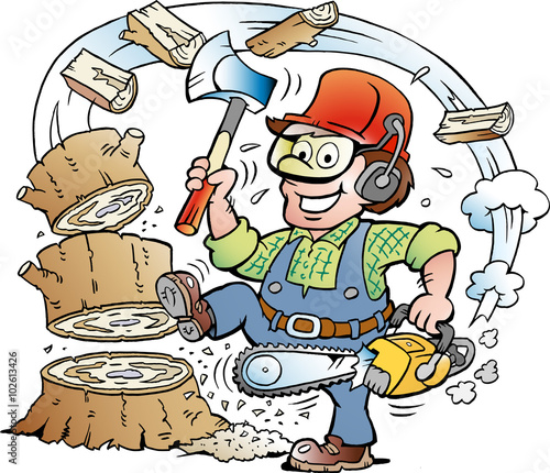 Vector Cartoon illustration of a Happy Working Lumberjack or Woodcutter who chrop Wood
