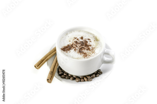 a cup of cappuccino  with cinnamone and star anise isolated on white