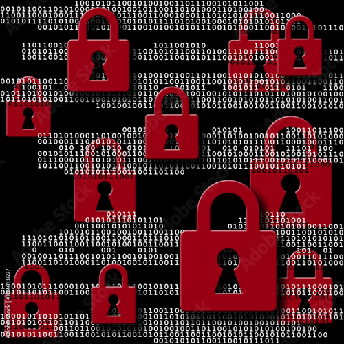 Tableau sur toile Data security with binary code digits in white and padlock in re